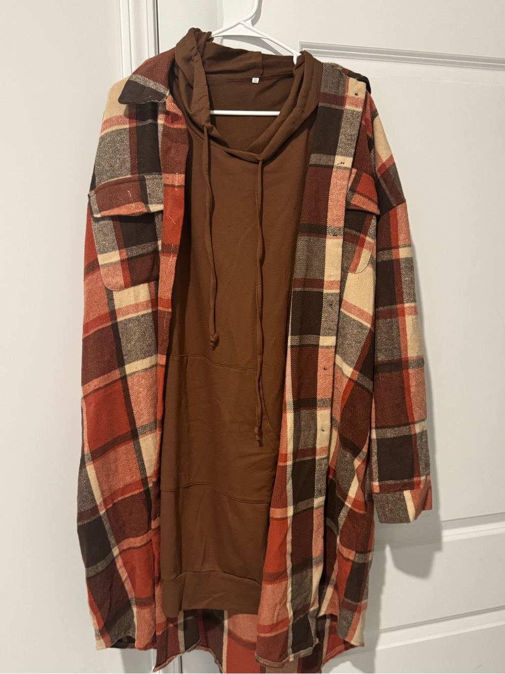 Brown Plaid Shacket with Brown Hoodie Dress
